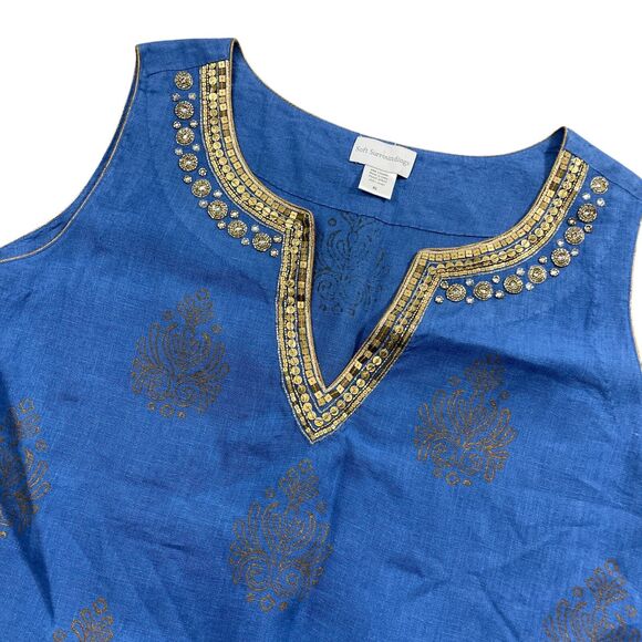 Soft Surroundings XL‎ 100% Linen Blue Gold Sequined Dress Side Zipper Sleeveless - Picture 2 of 4